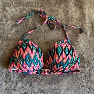 Shade & Shore Women Ikat Geometric Underwire Halter Bikini Top Pink Teal 34C